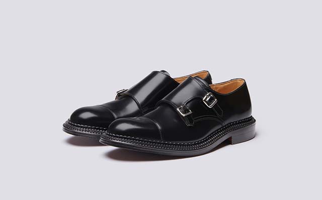 Grenson Hanbury Mens Monk Shoes in Black Hi Shine Leather GRS113269